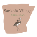 The logo is light earthy pink outline of the state of Arkansas. In the center are the words "Sankofa Village Arkansas," and underneath those words is a blue heron reaching back for a seed, which is the symbol of sankofa.
