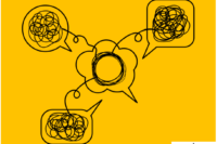 A yellow background. text bubbles with swirls